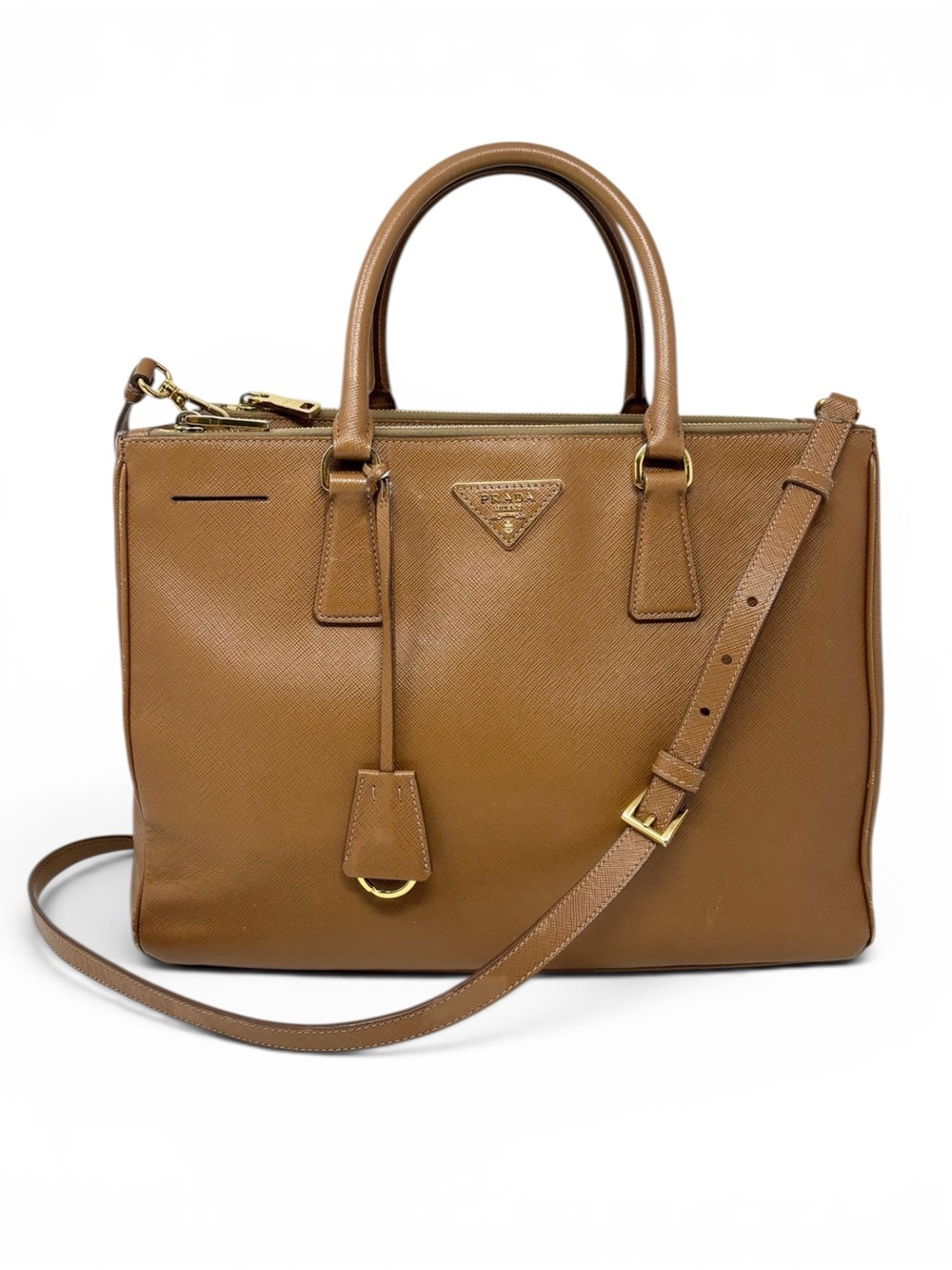 Prada Galleria Saffiano Lux Tote Caramel Double Zip Satchel Crossbody Bag